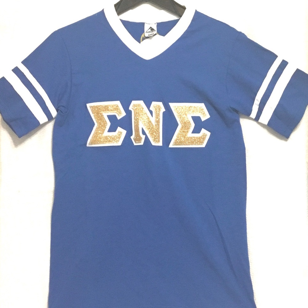 NWOT AUGUSTA SORORITY SIGMA NU SIGMA BLUE UNISEX FRATERNITY V-NECK T-SHIRT SZ:S